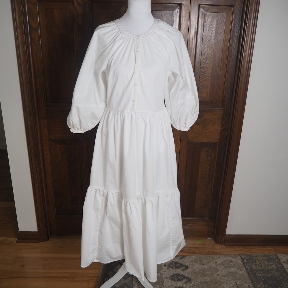 STAUD White Cotton Poplin Demi Dress Women's Small Tiered Midi Balloon Sleeve